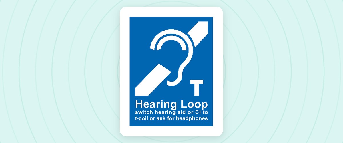 Hearing Loop sign: an ear symbol with the letter T, on a CHHA-NCR mint background with sound ripples
